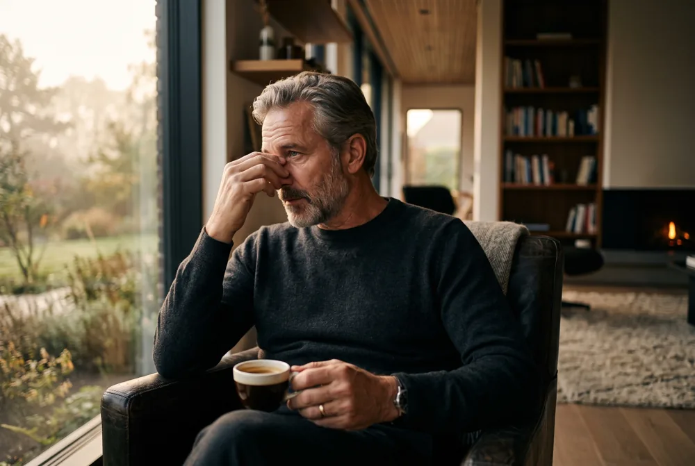 Mann Anfang 50, müde und nachdenklich am Fenster mit einer Tasse Kaffee